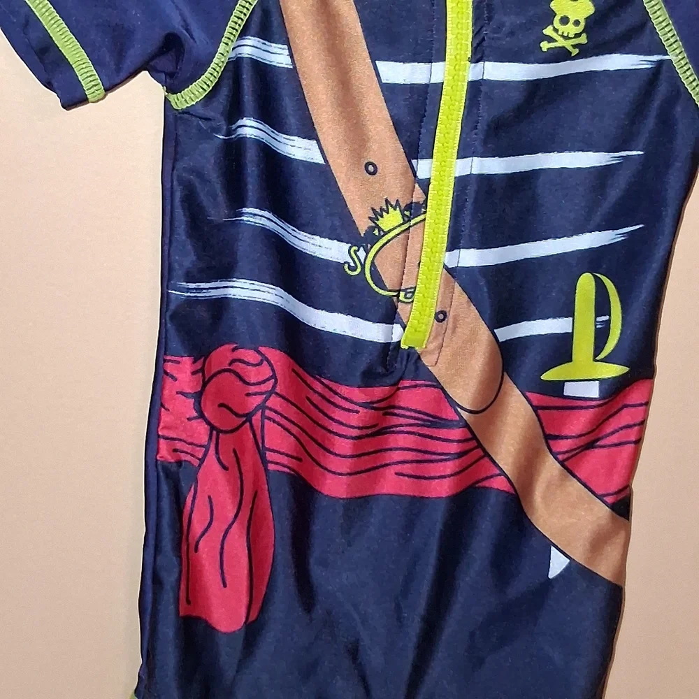 Kids Pirate Rashguard Swimsuit - Navy with Red Accent